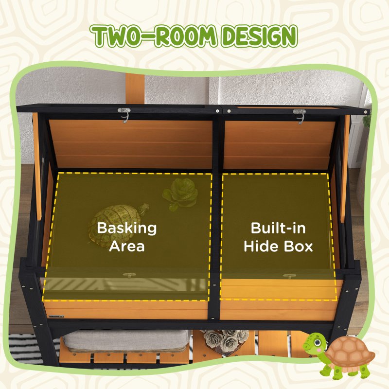 PawHut Tortoise House w/ Shelf, Small Pet Reptile Wooden House w/ Hide Shelter Den and Run, Lamp Holder, Tray, for Indoors, Outdoors - Yellow