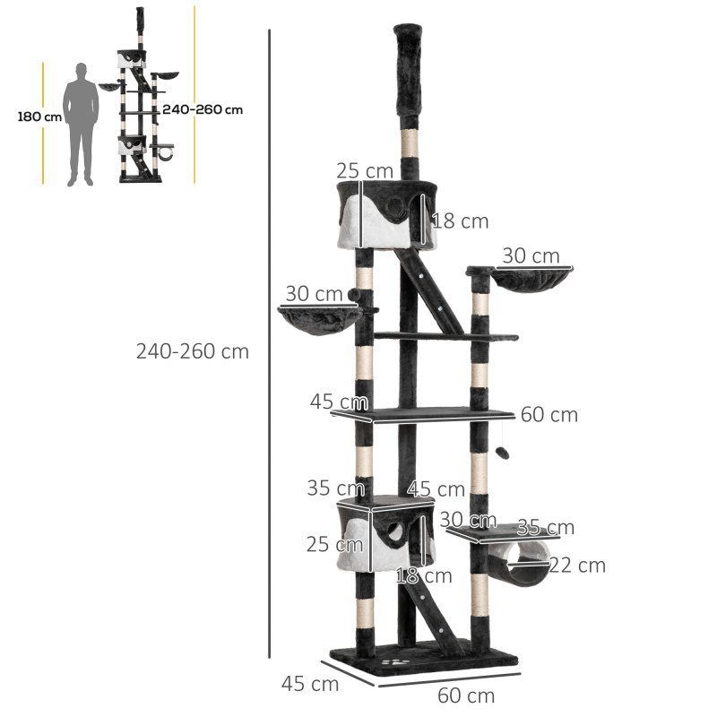 PawHut Floor to Ceiling Cat Tree, 240-260cm Adjustable Height Kitten Tower with Scratching Posts, Cat Houses, Ramps, Hammocks, Toy Balls, Tunnel for Indoor Use - White