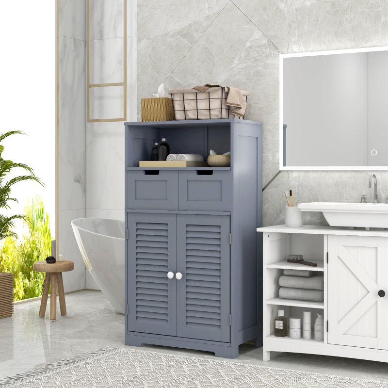 kleankin Bathroom Cabinet with Drawers, Bathroom Storage Cabinet with Louvred Doors, Open Compartment and Adjustable Shelf for Washroom