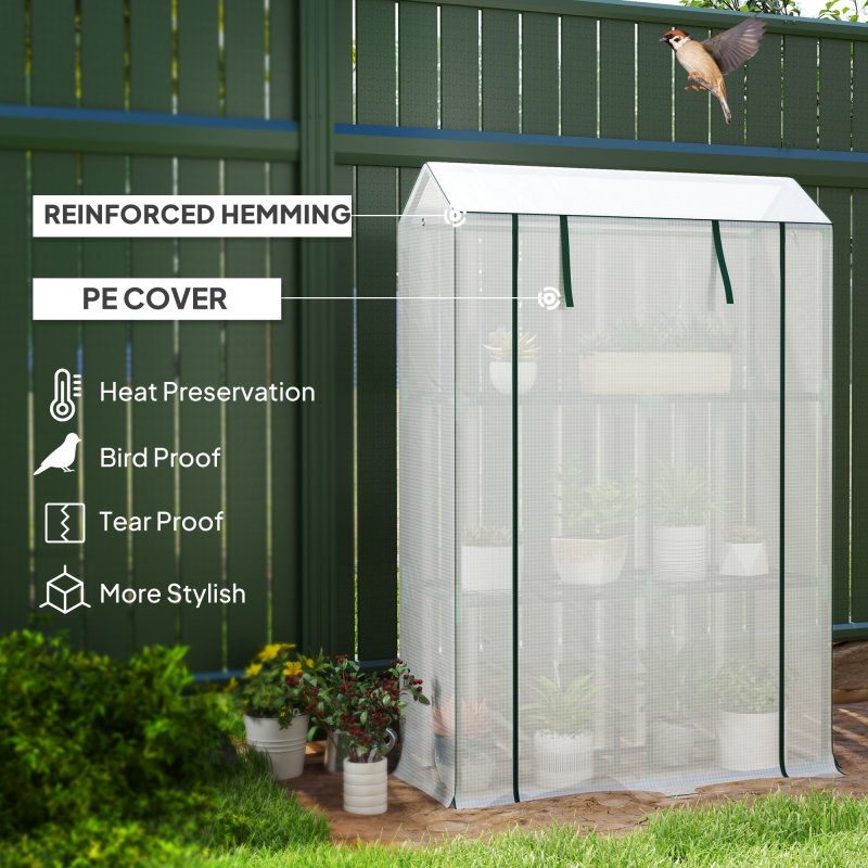 Outsunny 3 Tier Mini Greenhouse with Reinforced PE Cover, Portable Small Greenhouse with Roll-Up Door, 100 x 40 x 150cm, White