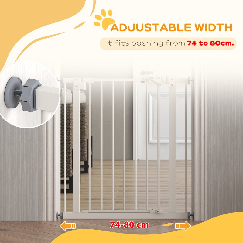 PawHut Dog Gate Stair Gate Pressure Fit Pets Barrier Auto Close for Doorway Hallway, 74-80cm Wide Adjustable, White
