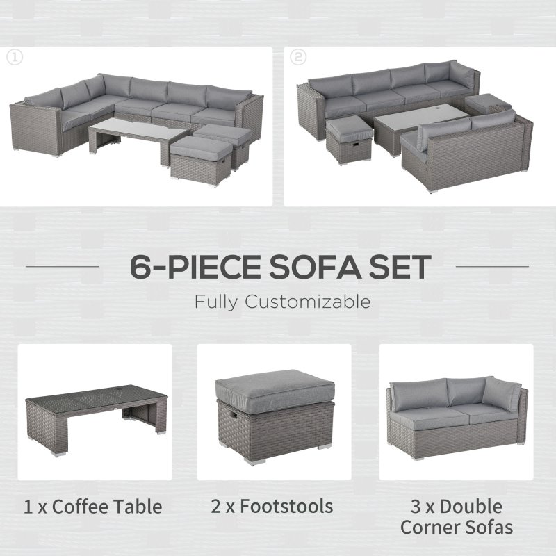 Outsunny 6 Pieces Rattan Garden Furniture Set, Wicker Garden Corner Sofa Set with 10cm Thickened Cushions, Aluminium Frame Conservatory Furniture with Glass Top Coffee Table, Footstools, Grey