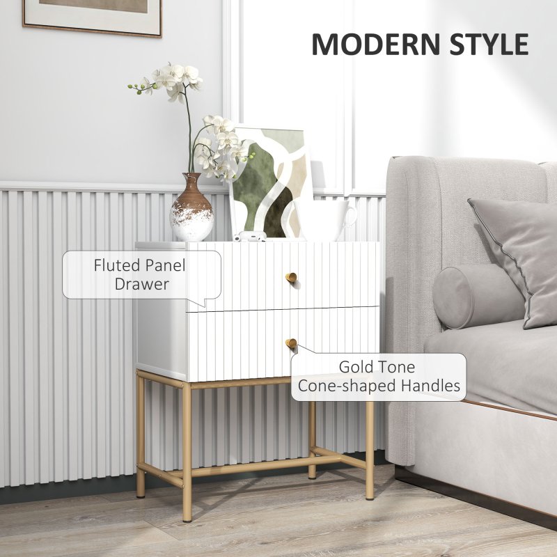 HOMCOM Bedside Table with 2 Drawers, Modern Bedside Cabinet with Storage and Metal Legs for Bedroom, Living Room, White