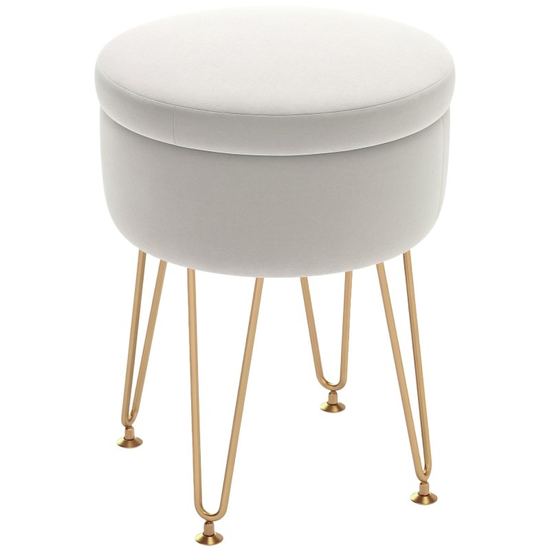 HOMCOM 5L Velvet Storage Ottoman, Modern Round Footstool with Metal Hairpin Legs and Removable Lid, Dressing Table Stool Side Table for Hallway, Bedroom, Living Room, 33 x 33 x 43 cm, Cream White