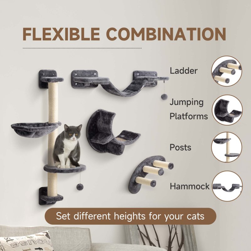 PawHut 4 Piece Cat Shelves, Cat Wall Furniture with Hammock, Scratching Posts, Soft Ladder, Steps, Jump Platforms, for Indoor Kittens - Dark Grey