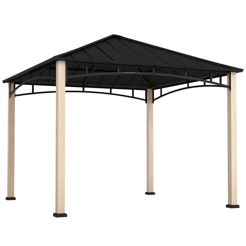 Outsunny 3 x 3(m) Hardtop Gazebo Canopy with Galvanised Metal Roof, Garden Gazebo Permanent Pavilion with Wood Grain Strong Columns and Top Hook for Patio, Deck