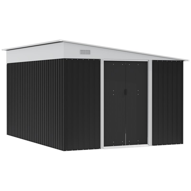Outsunny 11.3 x 9.2ft Lean to Metal Garden Shed, Outdoor Galvanised Tool Storage House with Double Sliding Doors and 2 Air Vents, Black
