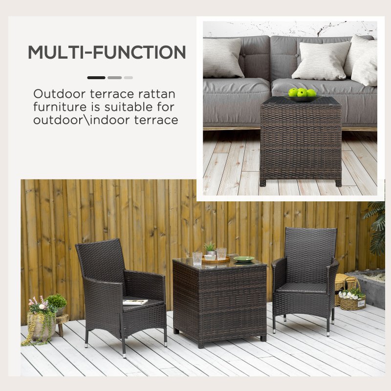 Outsunny Patio PE Rattan Side Table, Square Outdoor Coffee Table w/ Tempered Glass Top, Mixed Brown