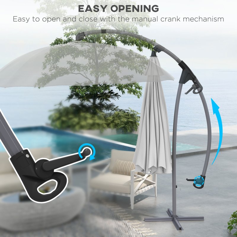 Outsunny 2.7m Cantilever Parasol with Cross Base, Banana Parasol with Crank Handle and 16 Fibreglass Ribs, Round Hanging Patio Umbrella for Outdoor Pool, Garden, Balcony, Grey