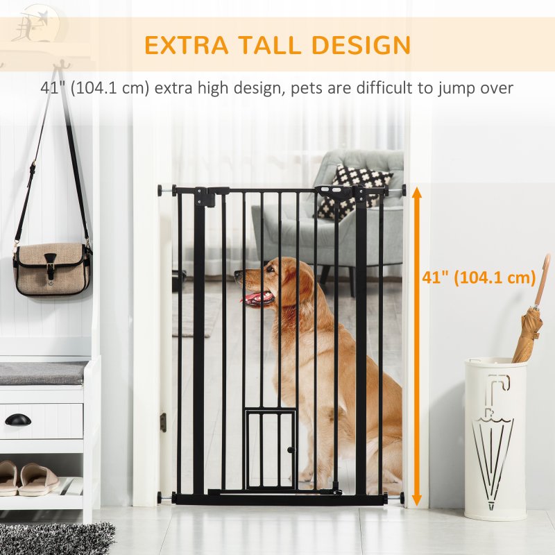 PawHut Extra Tall Dog Gate with Cat Flap, Pet Safety Gate for Doorways Stairs with Auto Close Double Locking, 104 cm Tall 74-101 cm Wide, Black