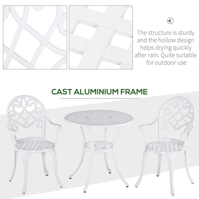 Outsunny 3 Piece Patio Bistro Set for 2, Outdoor Aluminium Garden Table and Chairs with Adjustable Footpads for Balcony, Garden and Patio, White
