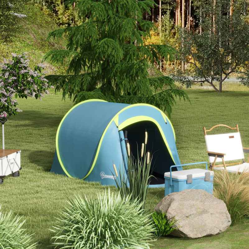 Outsunny 2 Man Pop up Tent, Camping Tent, 2000mm Waterproof with Portable Carry Bag for Fishing Hiking Backpacking, Blue
