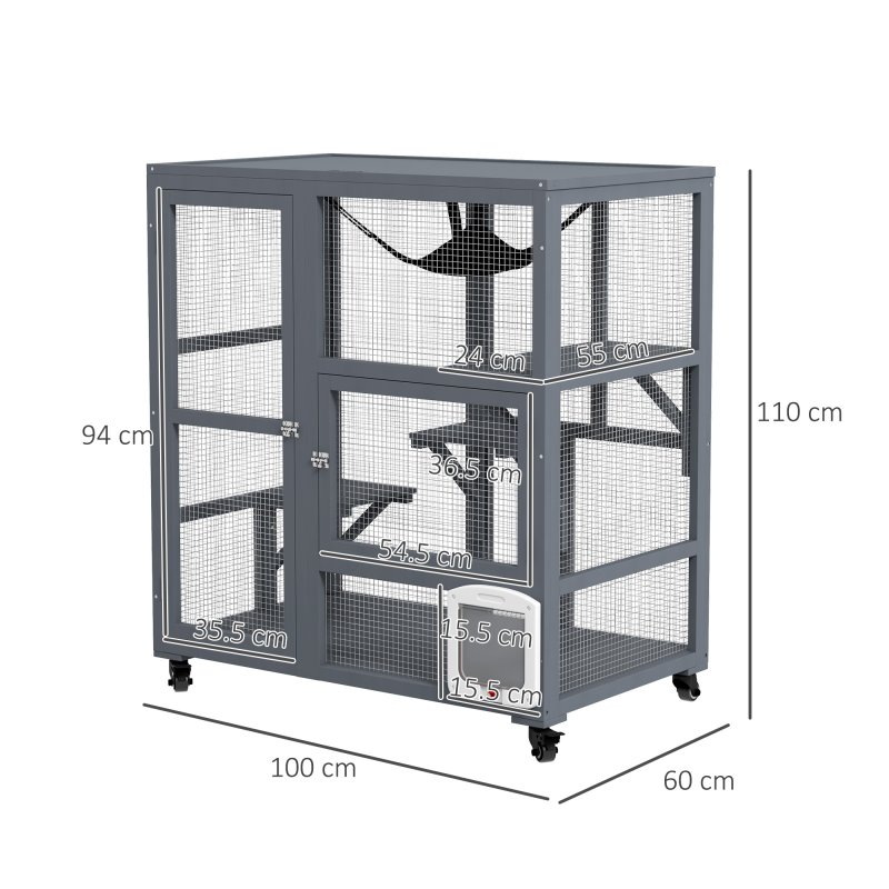 PawHut Cat Cage House, Catio Cat Indoor Enclosure on Wheels, Weather-Resistant Wooden Kitty Cage with Platforms, Hammock, Light Grey
