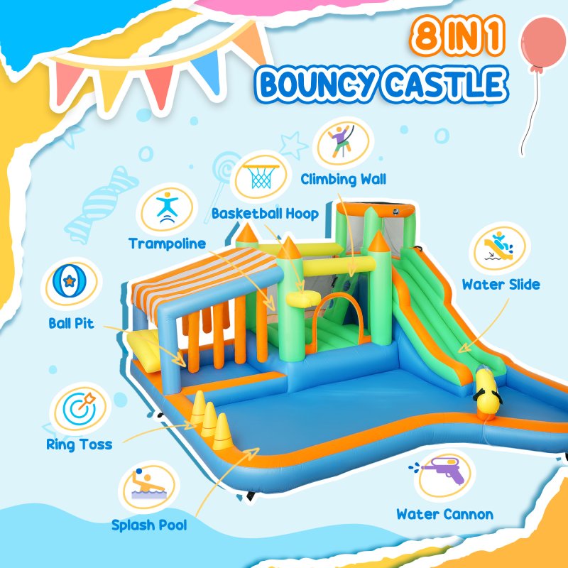AIYAPLAY Bouncy Castle, Inflatable Bounce House Trampoline with 680W Blower, Water Slide, Splash Pool, Basketball Hoop, Ball Pits, Climbing Wall, Water Gun, Ring Toss, for Kids Outdoor Indoor