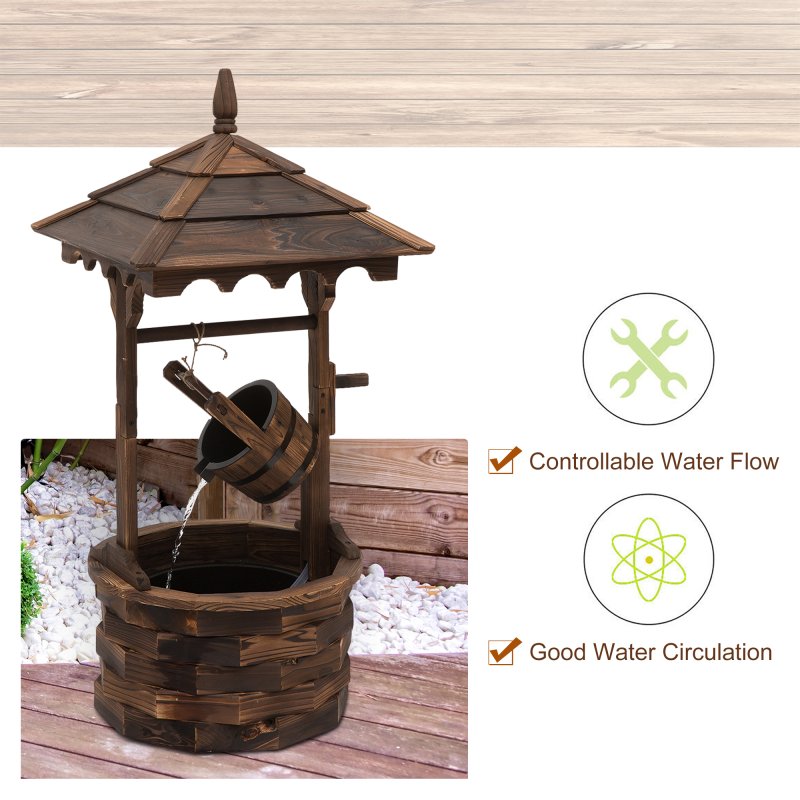 Outsunny Wooden Garden Wishing Well Fountain Barrel Waterfall Rustic Wood with Pump Garden D??cor Ornament
