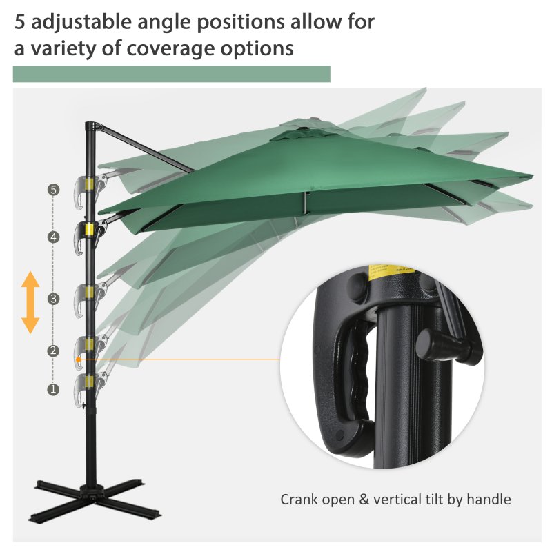 Outsunny 2.5 x 2.5m Patio Offset Parasol Umbrella Cantilever Hanging Aluminium Sun Shade Canopy Shelter 360 Rotation with Crank Handle and Cross Base, Green