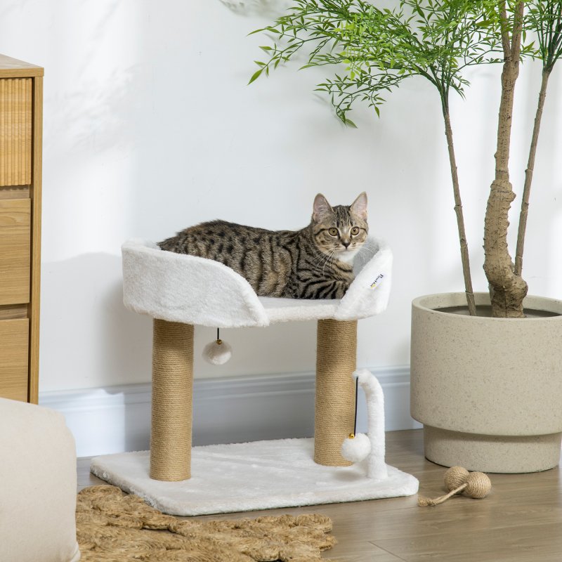 PawHut Cat Scratching Post Cat Tree Tower With Bed for Indoor Cats Scratcher Toy Balls 48 x 38 x 42cm - White