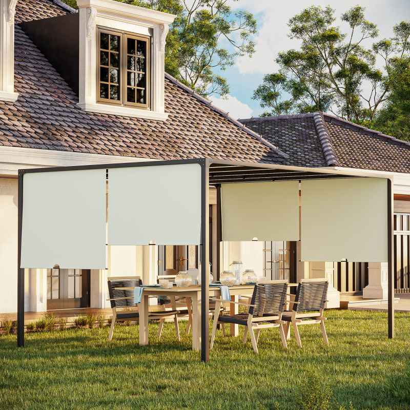 Outsunny 3 x 4m Metal Pergola with LED Lights, Outdoor Garden Pergola with Sliding Roof, Solar Powered, for BBQ, Cream White