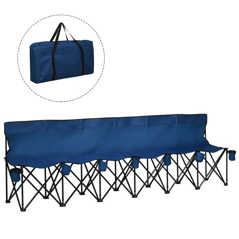 Outsunny 6 Seater Folding Bench, Outdoor Camping Chair Portable Sports Spectator Chair with Metal Frame, Cup Holder & Carry Bag, Blue