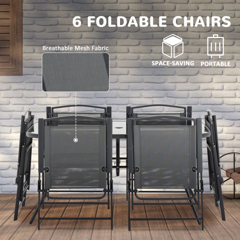 Outsunny 8 Pieces Metal Garden Furniture Set with Parasol and Folding Chairs, Garden Dining Set, 6 Seater Outdoor Table and Chairs with Tempered Glass Top, Black