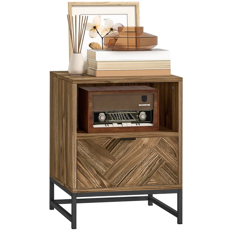 HOMCOM Bedside Table with Drawer and Shelf, Side End Table with Steel Legs for Living Room, Bedroom, Brown Wood Effect