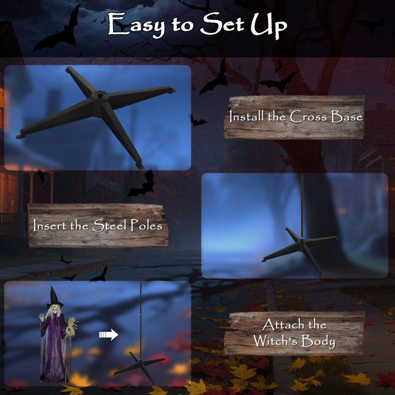 Outsunny 183 cm Life Size Halloween Animated Standing Witch & Broomstick with Glowing LED Eyes, Spooky Witch Scary Halloween Decorations, Battery Operated, Indoor Party Props