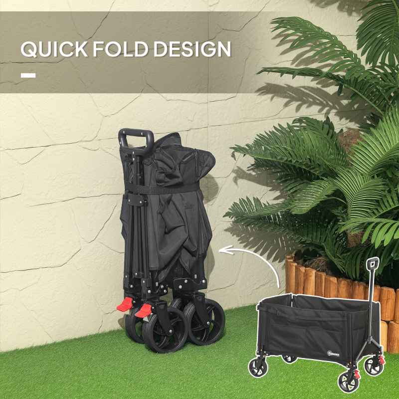 Outsunny Folding Trolley on Wheels, 150L Collapsible Wagon Festival Trolley Cart with Openable Sides, Adjustable Handle and Brakes for Shopping Camping Beach and Garden, Black