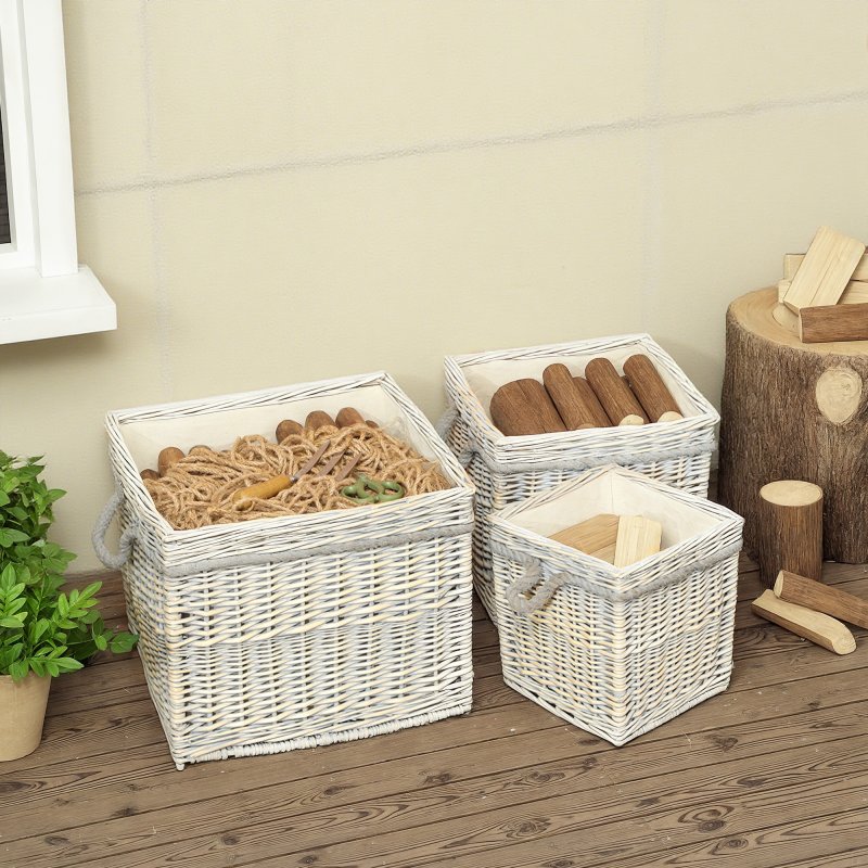 Outsunny Set of 3 Log Baskets for Wood Burner Indoor, Round torage Basket with Lining and Rope Handles for Fireside Storage, Blankets, Beige