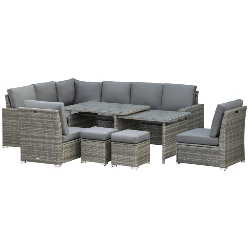 Outsunny 10 Seater Rattan Dining Set with Expandable Table and Nesting Chairs, Rattan Garden Furniture Set with Cushions, Outdoor Dining Table and Chairs, Sectional Corner Sofa Set, Grey
