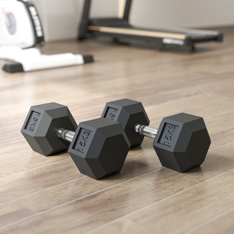 HOMCOM 2x15KG Rubber Hex Dumbbell Portable Hand Weights Dumbbell for Home Gym Workout Fitness