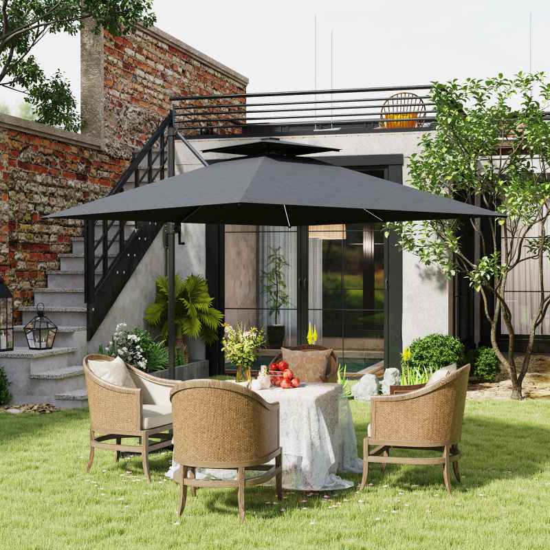 Outsunny 2.5m Cantilever Parasol with Solar Powered LED Lights, Double Top Square Overhanging Garden Parasol with 360?? Rotation, Tilt Adjustment, Crank Handle, Dark Grey