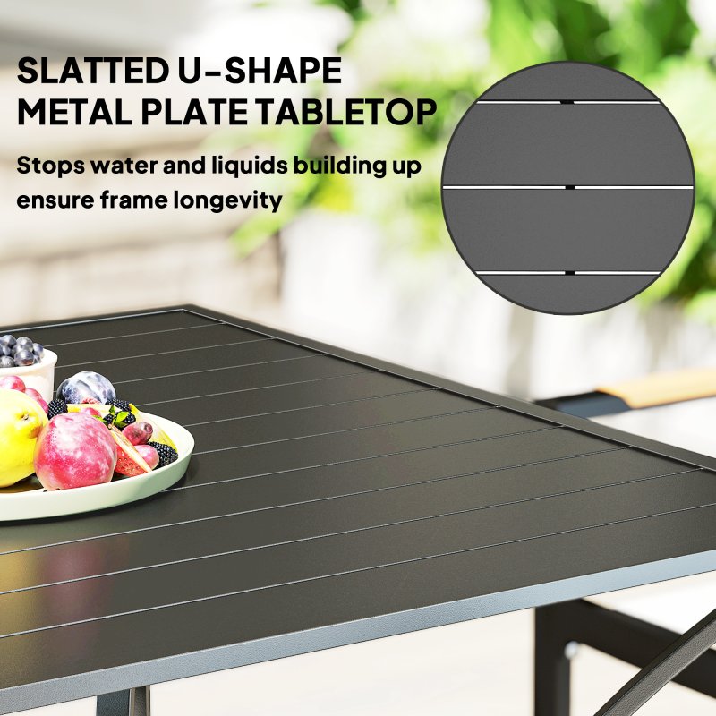 Outsunny 94 x 94 cm Garden Dining Table with Parasol Hole, Square Patio Table with Slatted Metal Plate Top, Black