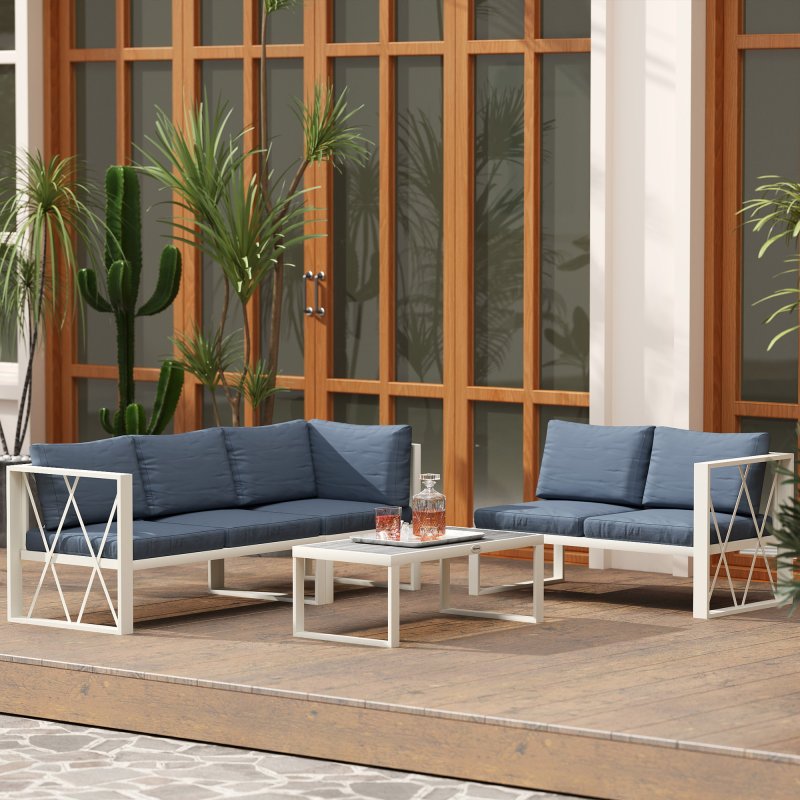 Outsunny 4 Piece L Shaped Garden Furniture Set with 5-Level Adjustable Lounger, 5 Seater Sectional Outdoor Sofa Set with 2 Loveseats, Corner Chair, DPC Coffee Table and Removable Thick Cushions, Grey