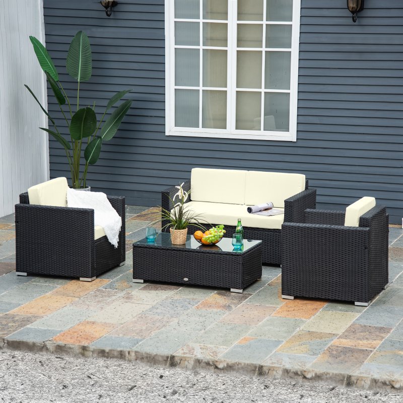 Outsunny 4 Pieces Outdoor PE Rattan Sofa Set with Cushions, Patio Wicker Conversation Furniture Set with Glass Top Coffee Table, Black
