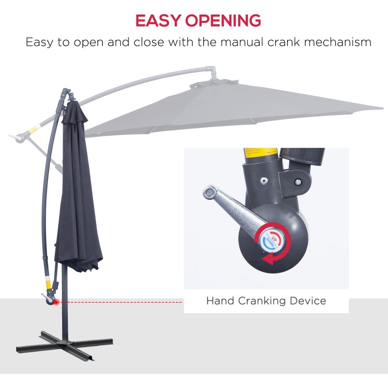 Outsunny 3(m) Garden Cantilever Parasol Patio Banana Hanging Umbrella Sun Shade with Crank and Tilt, 8 Ribs and Cross Base, Black