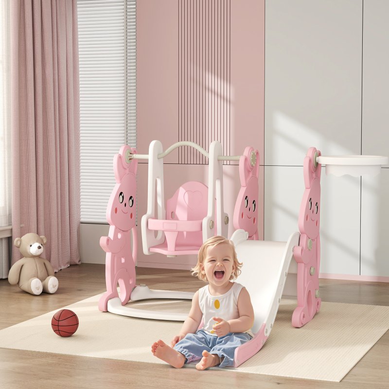 AIYAPLAY Toddler Slide and Swing Set 4 in 1 with Climber, Basketball Hoop, Kids Slide for Age 1.5-4, Children Activity Centre Playground for Indoor Outdoor Garden, Rabbit Themed, Pink