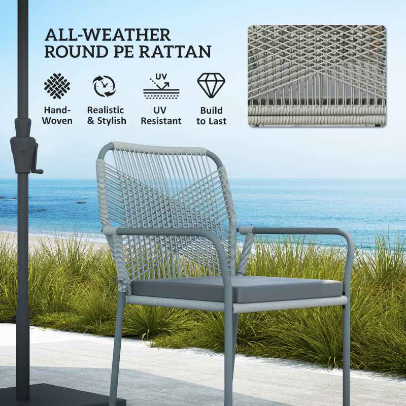 Outsunny 5 Piece Wicker Garden Dining Set, PE Rattan Garden Furniture Set with 4 Stackable Chairs, Tempered Glass Top Table and Cushions, Outdoor Table and Chairs for Patio, Conservatory, Light Grey