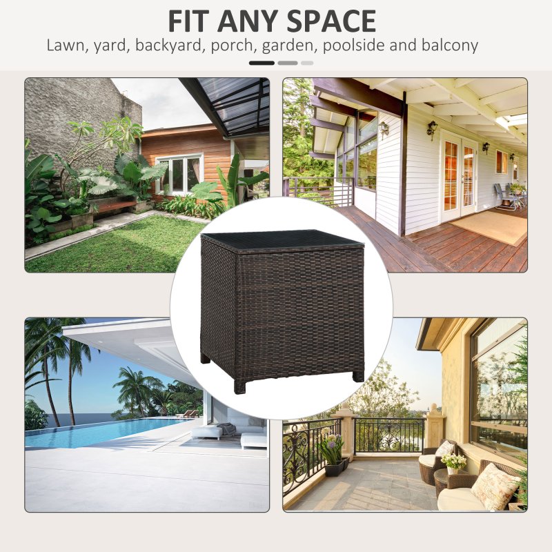 Outsunny Patio PE Rattan Side Table, Square Outdoor Coffee Table w/ Tempered Glass Top, Mixed Brown