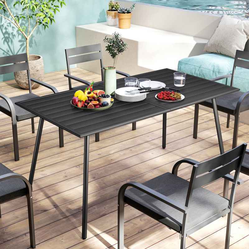 Outsunny Garden Dining Table for 6 Person, Rectangle Outdoor Table with Easy Clean Slat Top, Rust Resistant Steel Frame, for Terrace, Balcony, 150 x 80 x 74 cm, Black