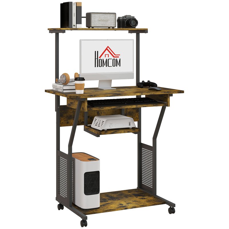HOMCOM Mobile Computer Desk with Keyboard Tray, Rolling Study Table with Storage Shelves and Wheels, Industrial Writing Desk for Home Office, 80 x 50 x 130cm, Rustic Brown
