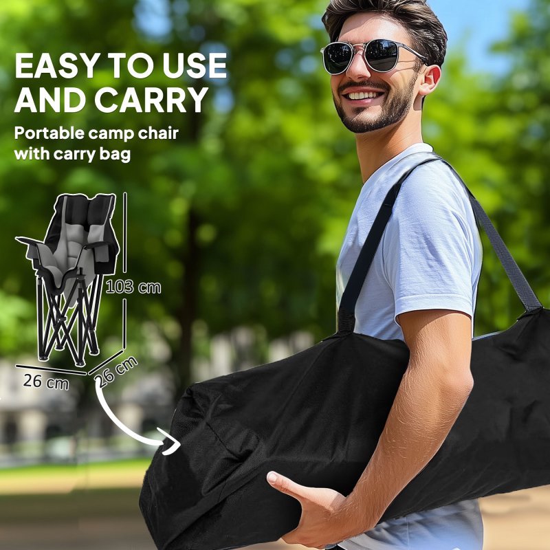 Outsunny Folding Camping Chair for Adults, Portable Padded Folding Chair with Cup Holders, Side Pockets and Carry bag for Picnic, Hiking, Fishing, Grey