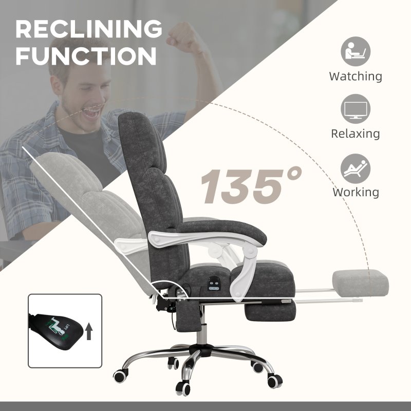 Vinsetto Massage Office Chair, Ergonomic Desk Chair, Comfy Work Study Chair with Heat, Padded Seat, 135° Reclining Back and Footrest for Home Office, Charcoal Grey