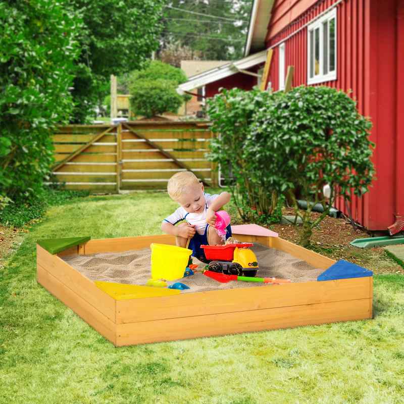 Outsunny Kids Wooden Sand Pit, Children Sandbox w/ Non-Woven Fabric, Four Seats, for Gardens, Playgrounds, 109 x 109 x 20cm - Natural Wood Effect