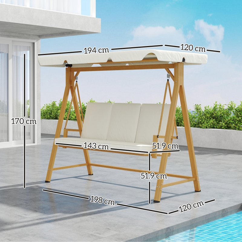 Outsunny 3 Seater Garden Swing Seat with UPF30+ Adjustable Canopy, Swing Chair with Cushion, Outdoor Hammock Bench for Balcony Patio, Beige