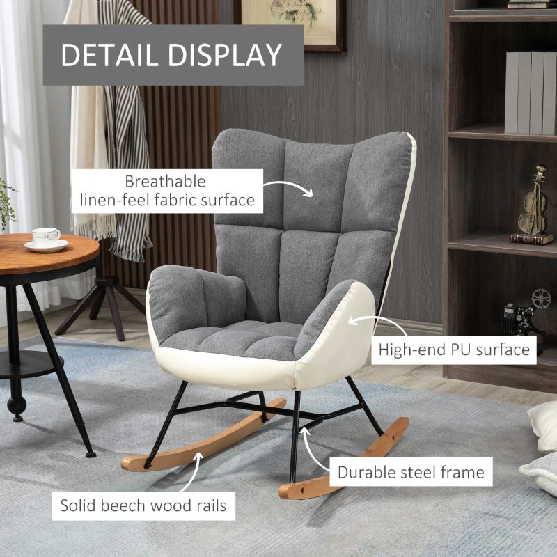 HOMCOM Rocking Chair for Nursery, Upholstered Wingback Armchair with Steel and Wood Legs for Living Room, Bedroom, Balcony, Grey and Cream