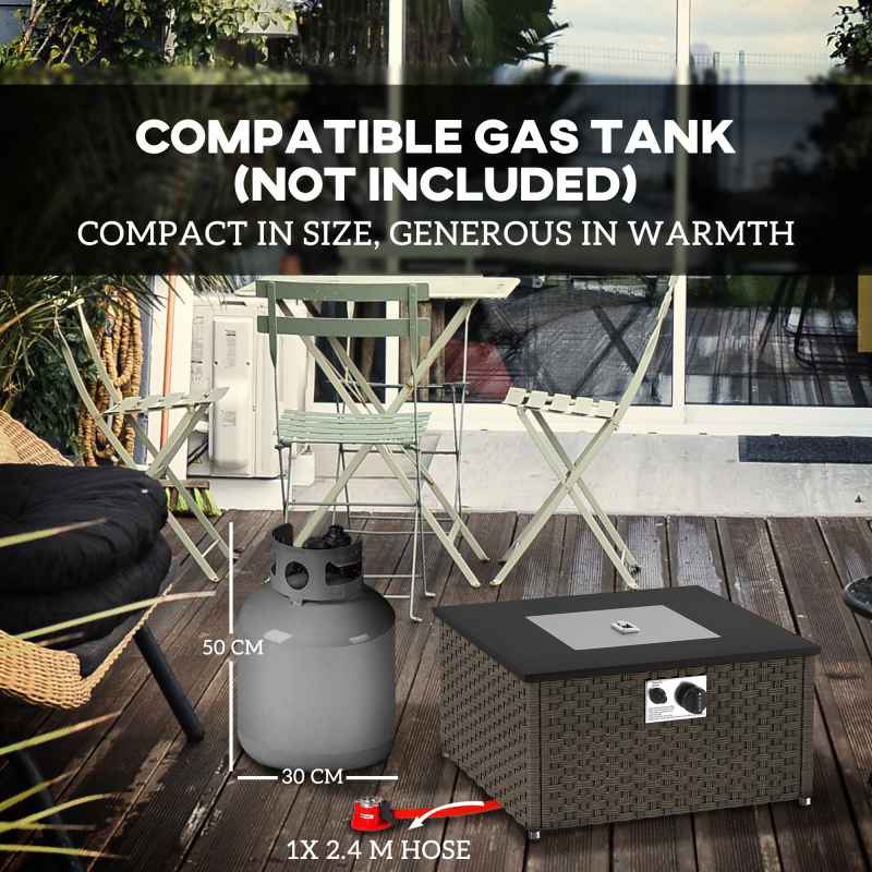 Outsunny Rattan Gas Fire Pit Table for Garden, 13 KW Smokeless Propane Fire Pit with Lid, Square Garden Coffee Table with Patio Heater for Outdoor, Patio, 58 x 58 x 33 cm, Grey