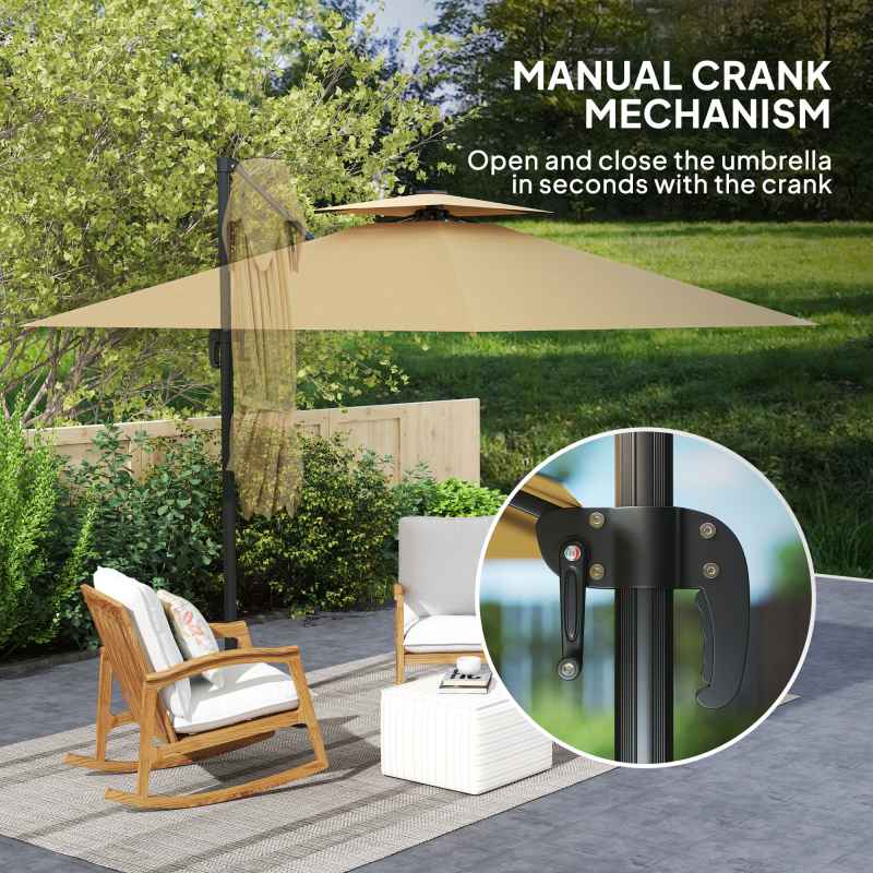 Outsunny 2.5m Cantilever Parasol with Solar Powered LED Lights, Double Top Square Overhanging Garden Parasol with 360 Rotation, Tilt Adjustment, Crank Handle, Khaki