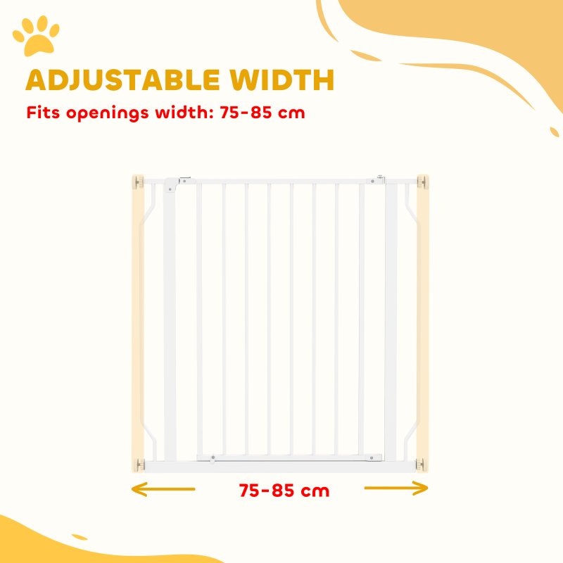 PawHut Dog Gate Wide Stair Gate w/ Door Pressure Fit Pets Barrier for Doorway, Hallway, 76H x 75-85W cm - White