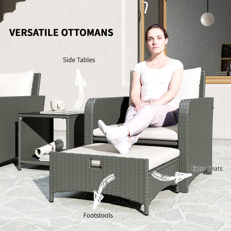 Outsunny 5 Piece Rattan Garden Furniture Set, Wicker Patio Conversation Set with 2 Chairs, 2-Tier Coffee Table, 2 Ottomans and Thick Cushions for Outdoor, Balcony, Bistro, Porch, Cream White