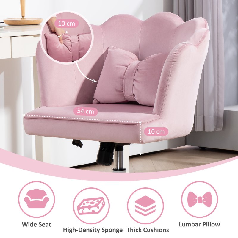 HOMCOM Velvet Office Chair with Petal Shell Back and Lumbar Pillow, Armless Desk Chair with Wide Seat and Tilt Function, Height Adjustable Swivel Makeup Vanity Chair for Bedroom, Pink